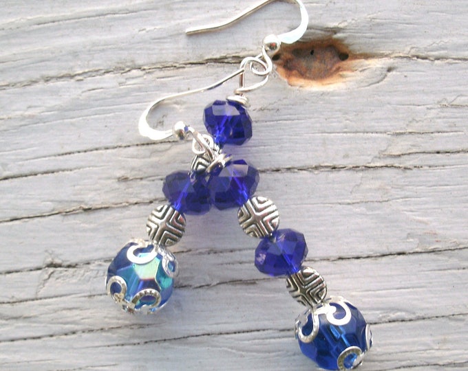 Blue and silver Earrings, Blue AB Crystal beads and deep blue crystal rondelle beads, silver bead caps and spacers, silver plated wires