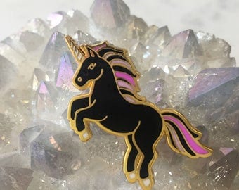 Black Unicorn Enamel Pin, Flair – Lapel, Hard Enamel – Cute! – Black, Lilac & Gold