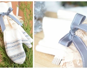 Shabby Chic Wool Mittens, Handmade shabby mittens, Bow mittens, Long mittens