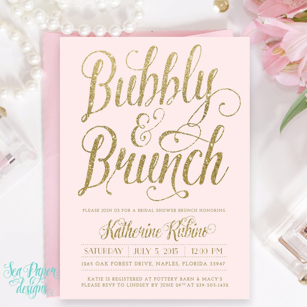 Brunch And Bubbly Bridal Shower Invitation: Blush Pink & Gold