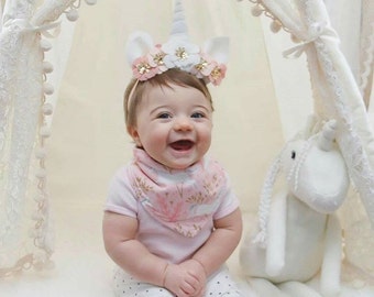 Baby's First Birthday Unicorn Horn Flower Crown - pale pink, white and gold - Unicorn flower crown - Lydia
