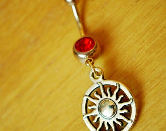 FREE SHIPPING! Gold sun belly ring, Celestial jewelry, Yoga namaste belly ring, spiritual red button jewelry, navel piercing, belly dancer