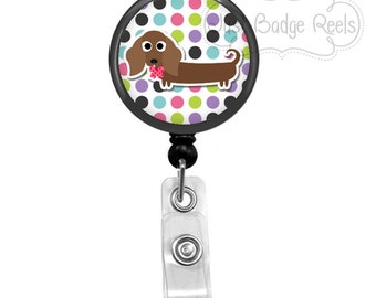 Badge Holder - Dachshund Badge Reel - Dachshund Badge Holder - Retractable Badge Reel - Dog Badge Holder - Polka Dot Badge Holder - 1045