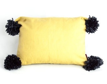 Decorative pillow Pom pom pillow, boho yellow pillow cover, eco friendly housewarming gift, girls room decor, kids room yellow cushion