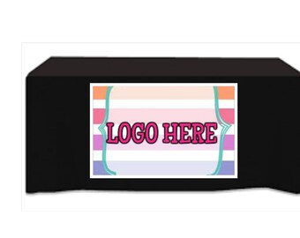 Custom logo 6 foot fitted black table cloth with white wording