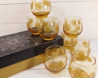 Vintage Retro Libbey Sunburst Roly Poly Drinking Glasses. Yellow Flower Amber Glasses