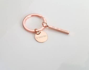 Custom Keychain, Latitude Longitude Keychain, Personalized Keychain, Rose Gold Name, Anniversary Gift, Boyfriend Gift, Mens Jewelry, Limited