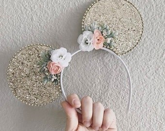 Gold Glitter Minnie Mouse Ears, Sparkle Mickey Mouse Ear Headband for Adults and Kids, Gold Disney Ears