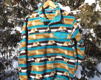 Majestic Patagonia Fleece Pullover 90s Fleece Sweater Synchilla Snap T Patagonia Mountain Peak Aztec Ikat Pattern 90s Ski Size Large Medium