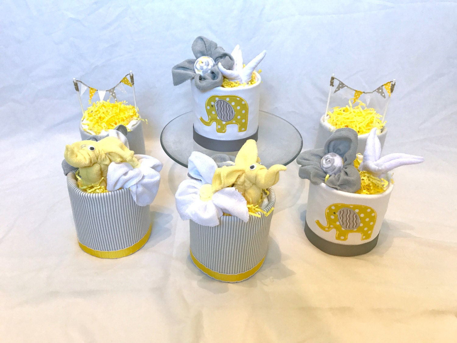 Elephant diaper cake set, Elephant Baby Shower Centerpieces, Yellow and Gray Baby Shower, Gray Elephant Diaper Cake, Diaper Cakes, Baby Gift