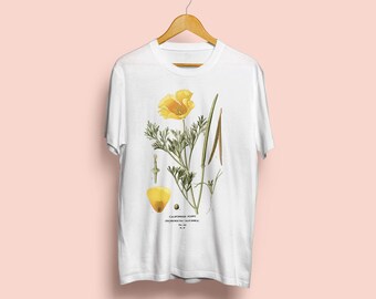 Californian Poppy Unisex T-Shirt - Botanical Illustration, Botanical Art, Botany, Flower Tshirt, Rosa Foetida, Vintage Art, S M L XL XXL