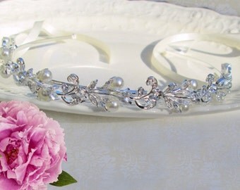 Sale, wedding headband Bridal Headpiece Crystal Silver silver ivory pearls Swarovski Crystal white pearl hairpiece wedding tiara wreath