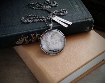 Personalized Missionary Mom Necklace Vintage World Map Circle Pendant - LDS Mission Mother Jewelry - Mission Call Globe - Called to Serve