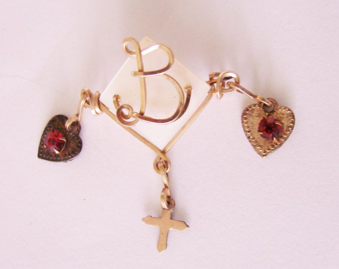 40s Vintage Mother of Pearl Jeweled Wire Brooch / Cross / Initial Monogram "B" / Red Rhinestones / MOP / Jewelry / Jewellery