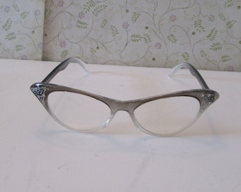 Vintage Retro Dr. Peepers Cat Eye Glasses Gray/Clear With Rhinestones S32135