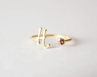 Personalized Initial Birthstone Ring • Custom Gold Initial Ring • Personalized Bridesmaids Jewelry • Custom Name Ring • New Mom Ring RH06F58