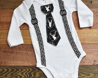 Baby Boy Clothes Deer Bodysuit, Baby Body Suit, Deer One Piece Outfit, Neck Tie and Suspender Birthday Outfit, Black, Teal, Navy Blue