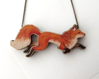 Laser Cut Cunning Woodland Fox Statement Necklace, an illustrated layered wood necklace - Forest Fairy Tale Woodland Fox Animal Jewellery