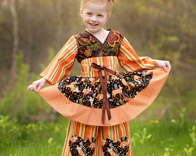 Woodland Fox Birthday - Little Girls Outfit - Toddler - Kitsune - Boutique Outfit - Kimono - Pants - 2 pc Set - 2t to 7 yrs