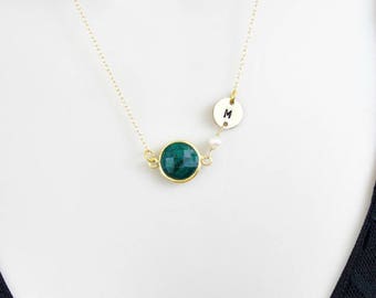 Emerald Necklace, Birthstone Necklace, Initial Necklace, Personalized Necklace, Dainty Necklace,Gold Necklace,May Birthstone,Initial Jewelry
