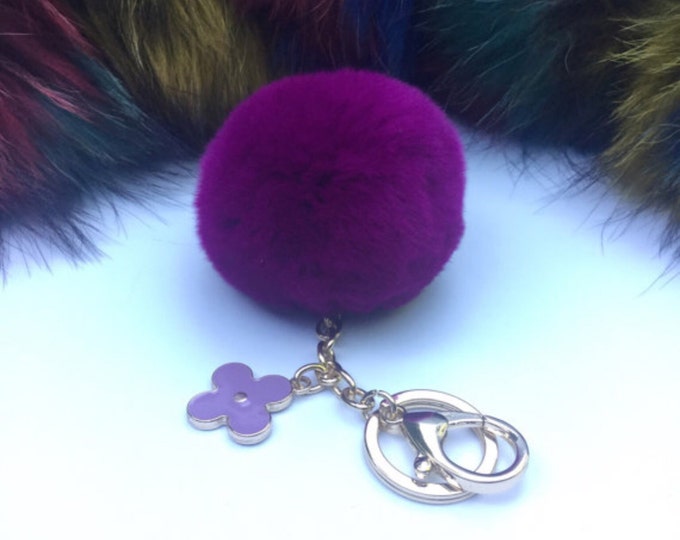 Electric Purple fur pom pom keychain REX Rabbit real fur puff ball with flower bag charm keyring