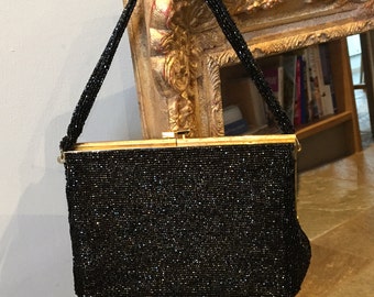Vintage Black Beaded Evening Bag - 1950s