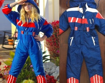 Vintage Ski suit red white blue puffy onesie snow outfit mens womens vintage kids XL Womems XS-S small festival sale 4th of July america rad