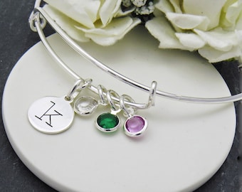 Birthstone Initial Charm Bracelet, Silver Birthstone Bracelet, Initial Bracelet, Charm Bracelet, Gift for Mother,