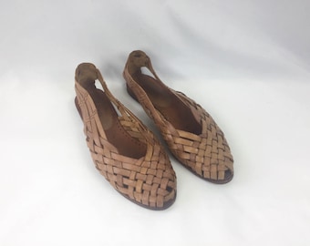 Vintage 80s Leather Woven Shoes / Flats / Footworks / Light Brown / Tan / Size
