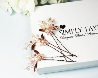 Bridal hair pins, rose gold hair pin, blush hair vine pins, rustic hair pins, wedding hair pins, bridesmaids hair pins, bridesmaids gifts