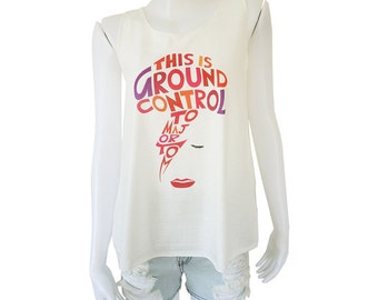 David Bowie Ziggy Stardust This is Ground Control To Major Tom Printed Lady Women Singlet Tank Top Vest Blouse Shirt Tee T-Shirt White S M L
