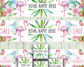 Flamingo Etsy shop banner set Tropical store graphics modern watercolor flowers birds bright colors whimsical graphic design