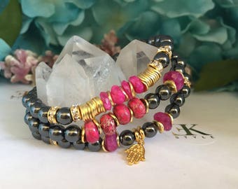 Hematite Bracelet, Stretch Bracelet, Stack Bracelet, Ruby Bracelet, Bracelet Set,