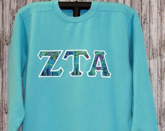 Sorority Letter Shirt, Lagoon Blue Shirt with Tropical Batik Sorority Double Stitched Letters