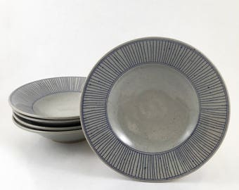 Wide Rimmed Pottery Bowl, Ceramic Soup Bowl with Stripes, Dessert Bowl, Gray and Blue