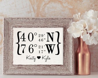 GPS Coordinates Gift // GPS Coordinates Sign // Wedding Venue Sign // Wedding Gift for Couple // First Home Sign // Burlap Print