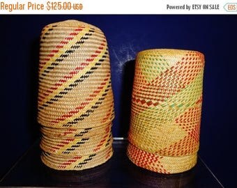 234-- Set of six 1960s Native American vivid woven cup holders w. patterns of 2x "diamond"& 4x "twisting"