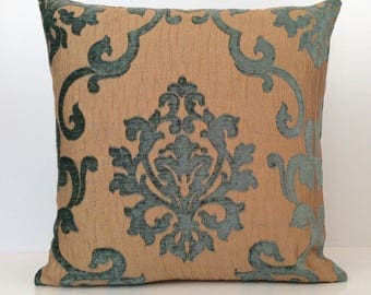 Teal and GoldishTan Pillow, Throw Pillow Cover, Decorative Pillow Cover, Cushion Cover, Accent Pillow, Velour Blend Pillow, Toss Pillow.