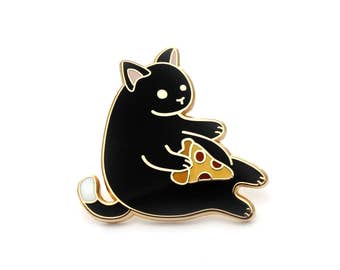 Black Pizza Cat enamel pin (cute cat pin hard enamel pizza pin lapel pin badge kitten pin black cat pepperoni pizza gift cat lover gift)