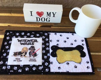 Doxie Dog Weiner Star Wars™ Mug Rug With "Han So Low and Dach Vader" Dachshund Quilted Mug Rug, Dog Snack Mat, Mini Dog Place Mat