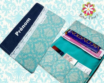 Immunization booklet health cover personnalized prénom damask turquoise cotton
