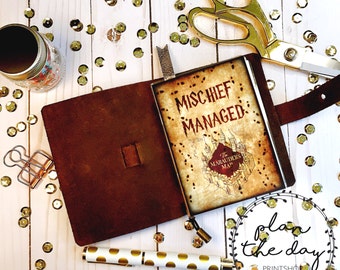 TN Mischief Managed Laminated Dashboard for Traveler's Notebook in Micro, Passport, Pocket, A6, Personal, B6, Standard, and Cashier sizes