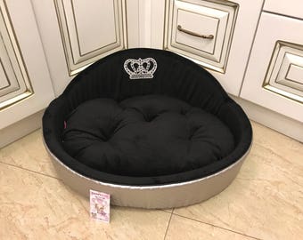 Silver princess dog bed Black dog bed with crown sparkles Designer pet bed Cat bed Personalized dog bed Custom made bed