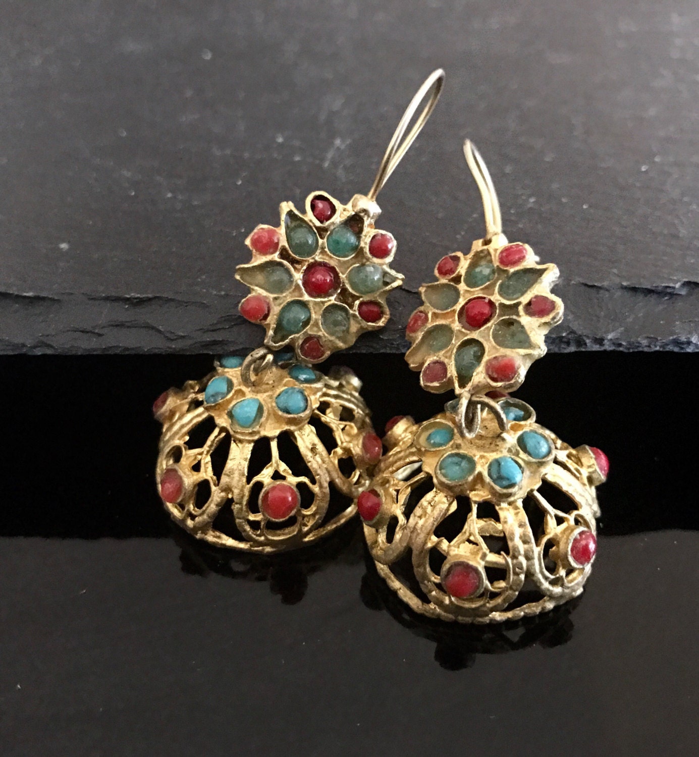 Gold dangle earrings vintage handmade earrings antique gold