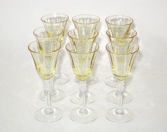 Fostoria Topaz Yellow Glass Cordials #5099 Waterfall Stems Set of 8 plus Bonus