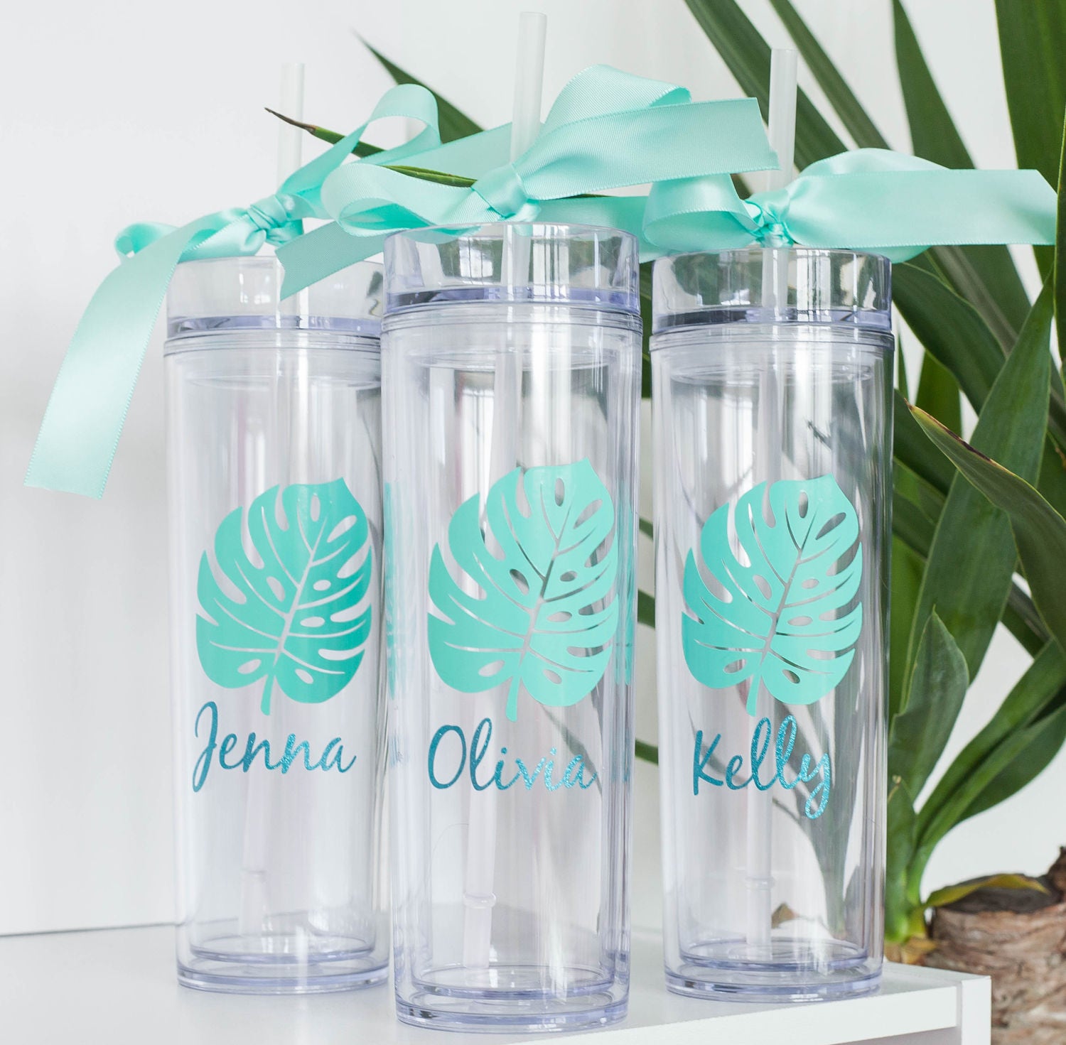 4 Custom skinny tumblers, personalized cups, troplical cup, wedding cup, wedding favors, summer wedding, palm tree cup, leaf cup, banana