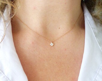 Delicate Rose Gold CZ Clover Necklace, Tiny Diamond Necklace, Dainty Crystal Necklace, Simple Modern Jewelry, Thin Minimal Everyday Choker