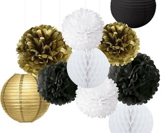 10PCS Mixed Gold Black White Tissue Pom Poms Hanging Paper Lantern Honeycomb Ball, Christening, New Year Eve, Birhday Party