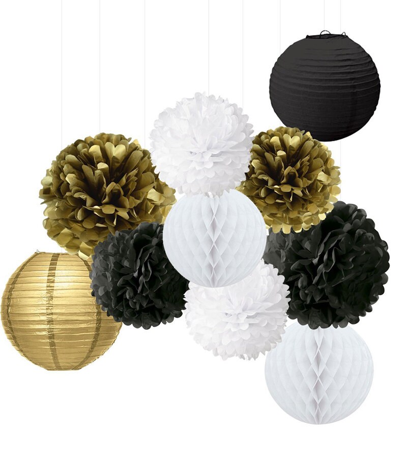 10PCS Mixed Gold Black White Tissue Pom Poms Hanging Paper