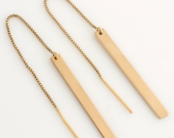 Gold Bar Threader Earrings, Long Dangle Earrings, Dainty Bar Drop Earrings, Sterling Silver, 14k Gold Fill, by LEILAJewelryshop, E204